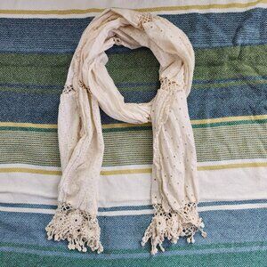 Cream pointelle crochet boho scarf with fringe